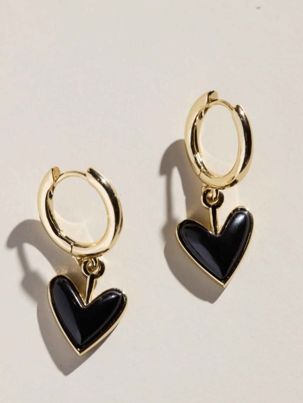 NEW Nickel & Suede Gold Hoop Huggies with Black Heart Drops